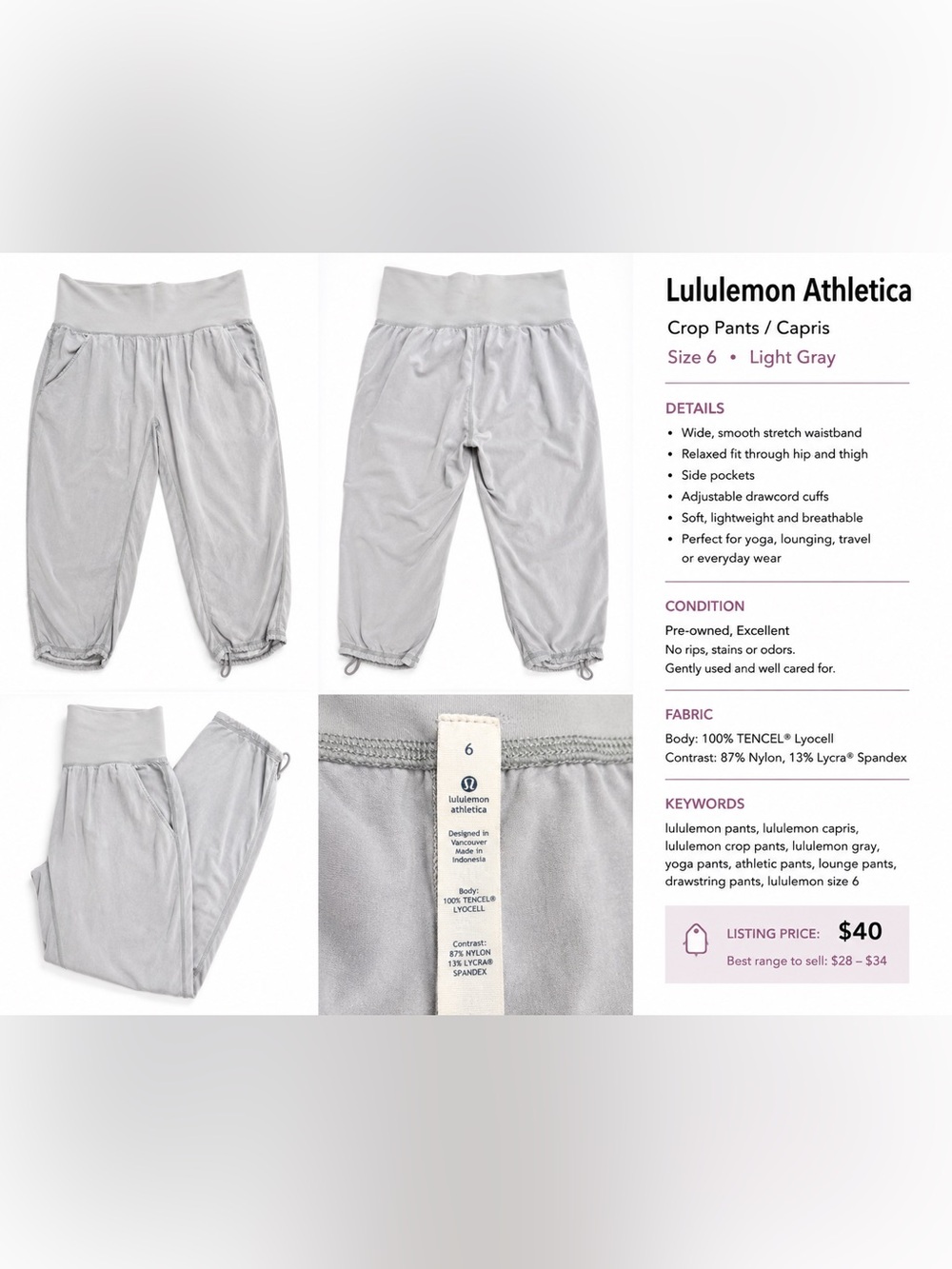 Lululemon Athletica Light Gray Crop Pants Capris – Size 6